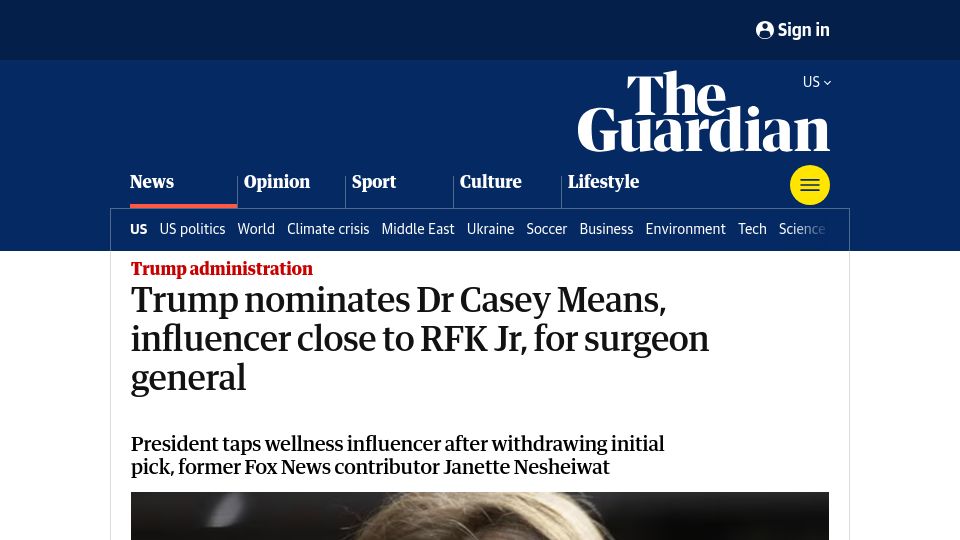 Screenshot of theguardian.com: Wellness influencer with no medical license proposed for US Surgeon General