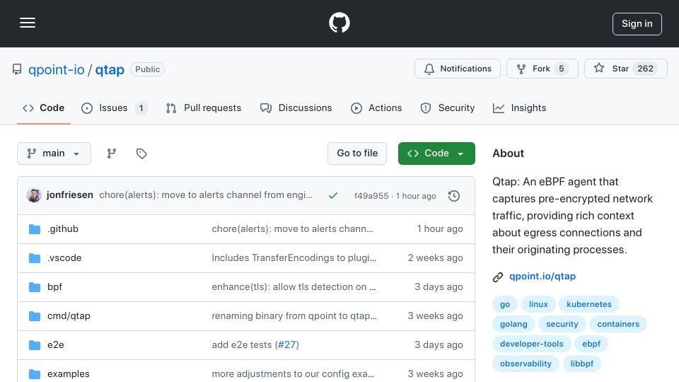 Screenshot of github.com: Show HN: Using eBPF to see through encryption without a proxy