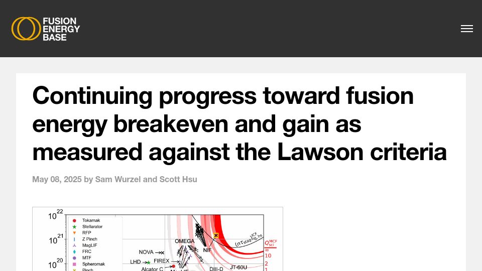 Screenshot of fusionenergybase.com: Progress toward fusion energy gain as measured against the Lawson criteria