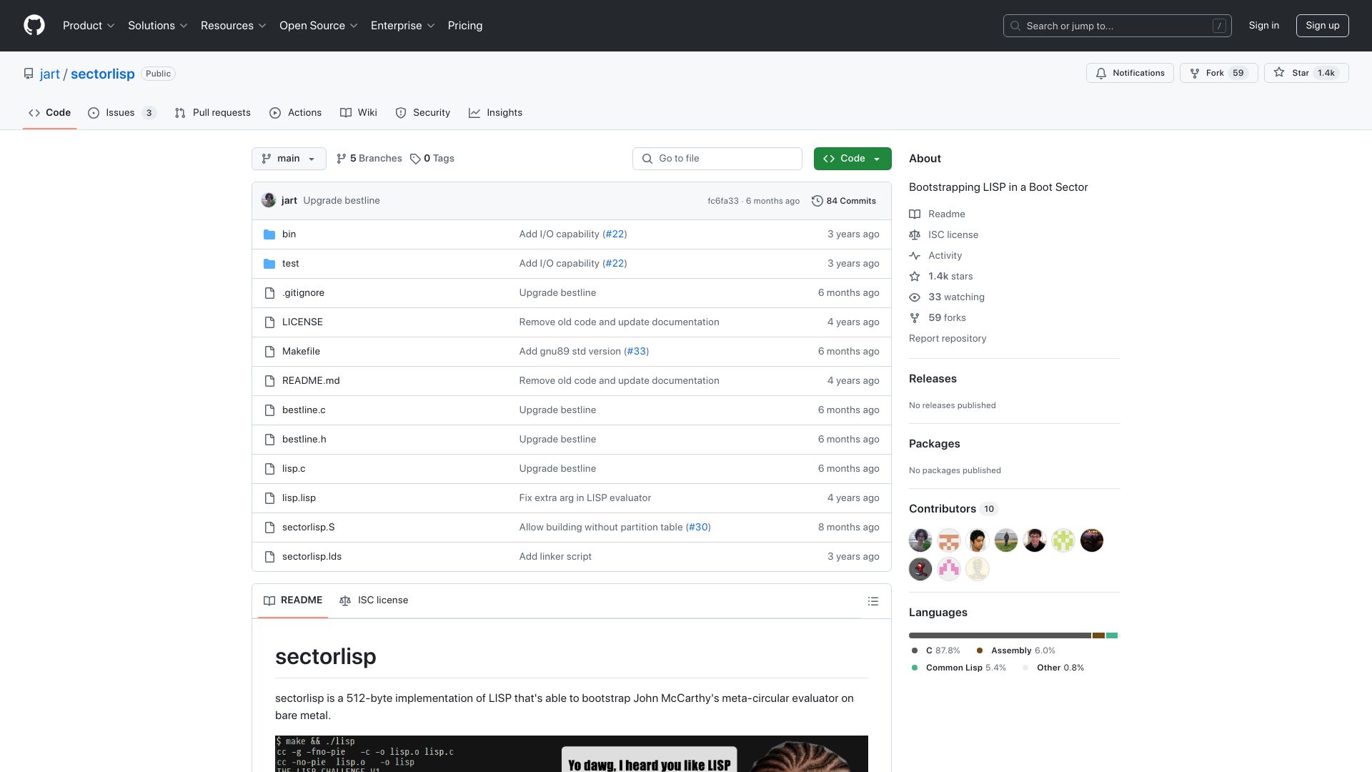 Screenshot of github.com: Bootstrapping Lisp in a Boot Sector