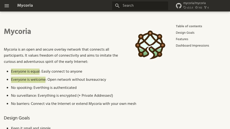 Screenshot of mycoria.org: Mycoria is an open and secure overlay network that connects all participants