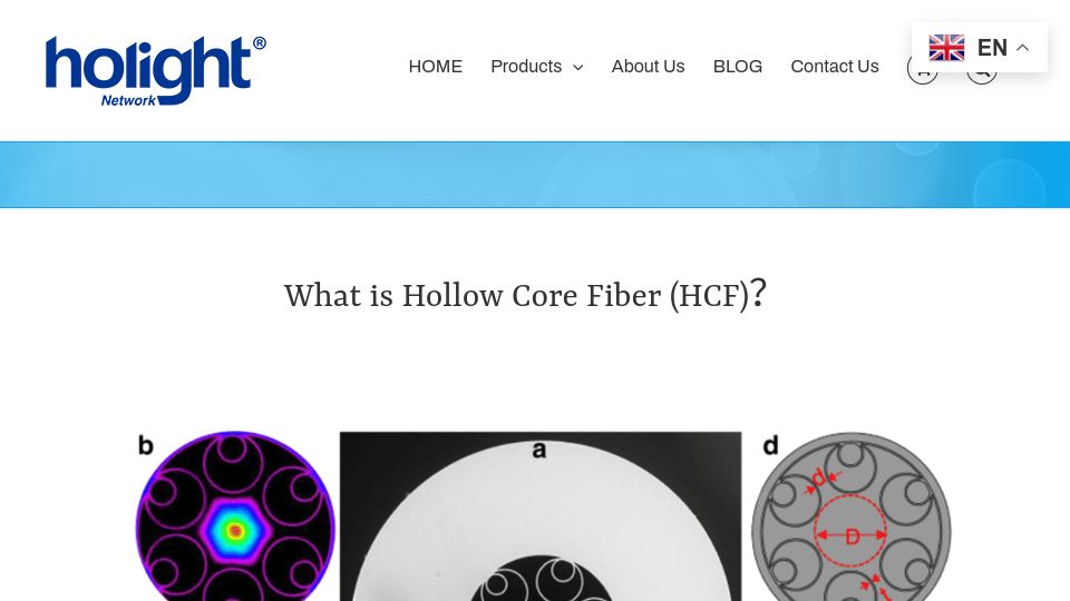 Screenshot of holightoptic.com: Hollow Core Fiber (HCF)