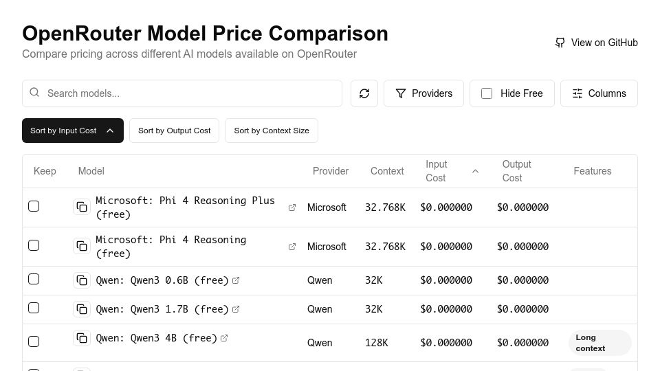 Screenshot of compare-openrouter-models.pages.dev: Show HN: OpenRouter Model Price Comparison