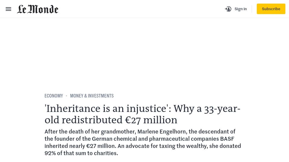 Screenshot of lemonde.fr: 'Inheritance is an injustice': Why a 33-year-old redistributed €27M