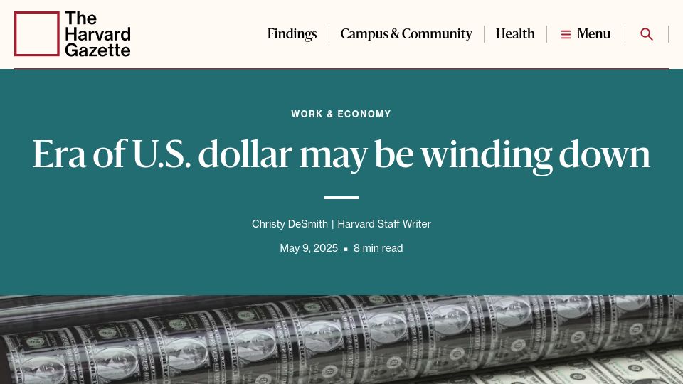 Screenshot of news.harvard.edu: Era of U.S. dollar may be winding down