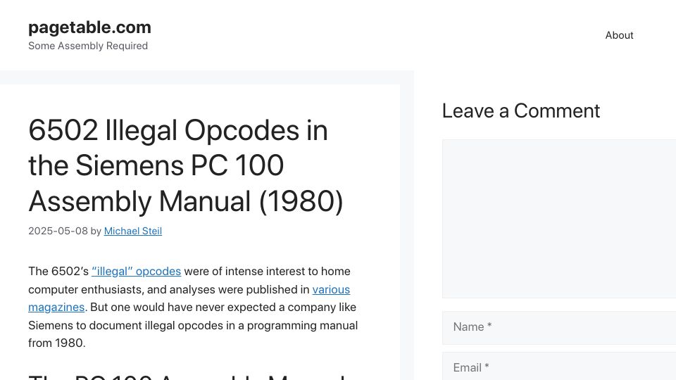 Screenshot of pagetable.com: 6502 Illegal Opcodes in the Siemens PC 100 Assembly Manual (1980)