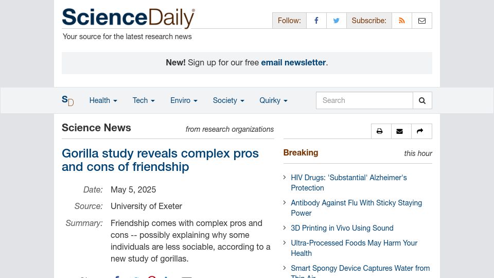 Screenshot of sciencedaily.com: Gorilla study reveals complex pros and cons of friendship