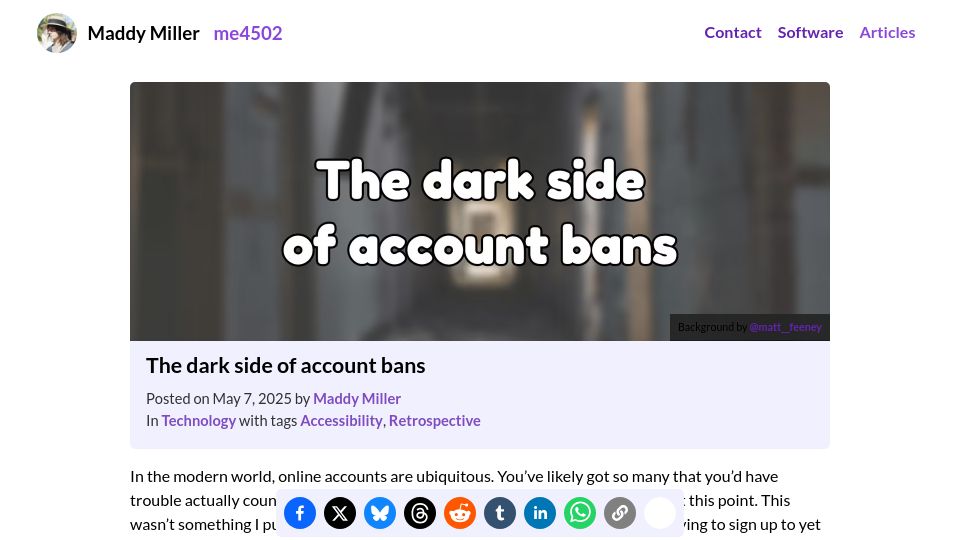 Screenshot of madelinemiller.dev: Losing my Meta account because of release delays
