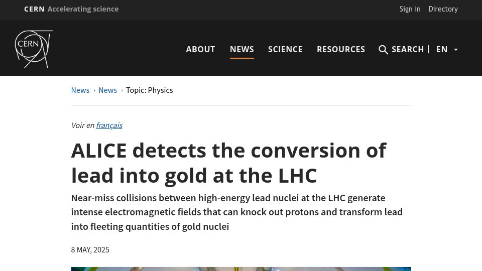 Screenshot of home.cern: ALICE detects the conversion of lead into gold at the LHC