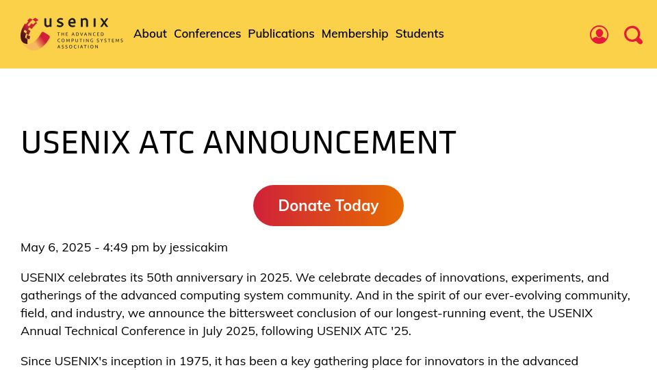Screenshot of usenix.org: Usenix ATC Announcement