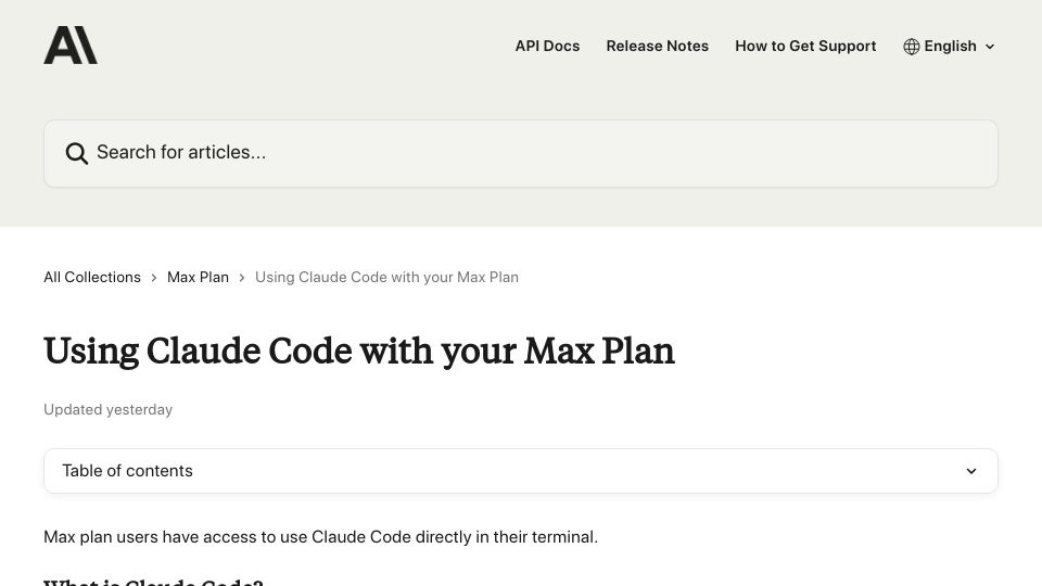 Screenshot of support.anthropic.com: A flat pricing subscription for Claude Code