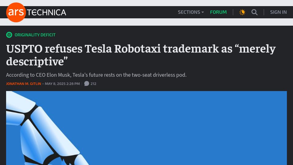 Screenshot of arstechnica.com: USPTO refuses Tesla Robotaxi trademark as "merely descriptive"