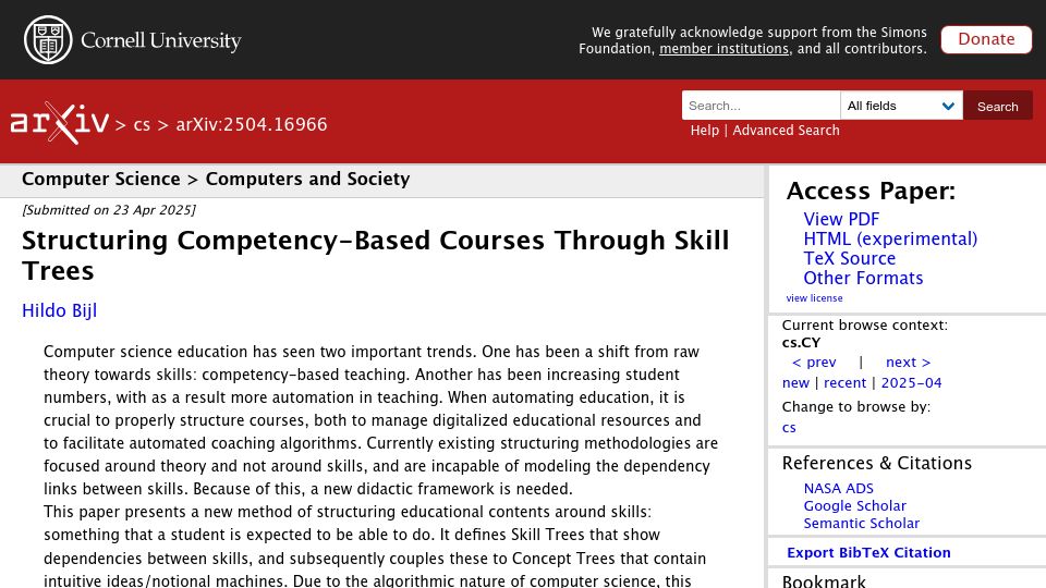 Screenshot of arxiv.org: Structuring Competency-Based Courses Through Skill Trees