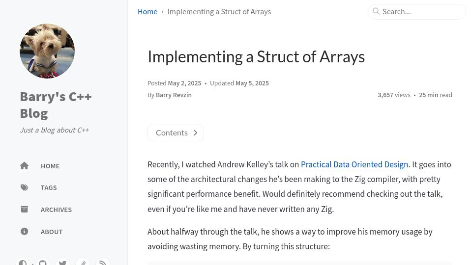 Screenshot of brevzin.github.io: Implementing a Struct of Arrays