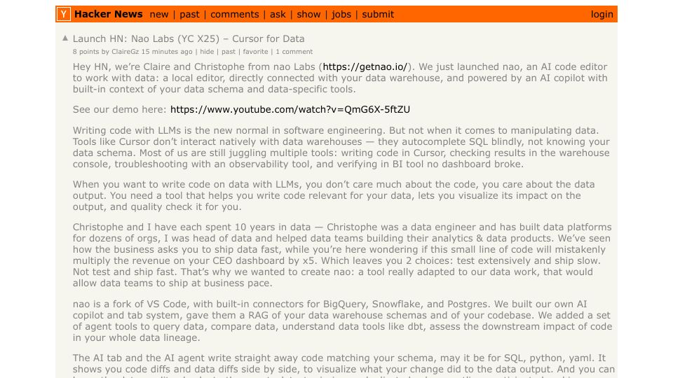 Screenshot of Hacker News post: Launch HN: Nao Labs (YC X25) – Cursor for Data