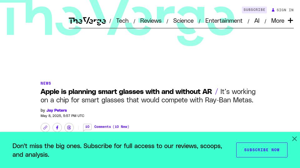Screenshot of theverge.com: Apple is planning smart glasses with and without AR