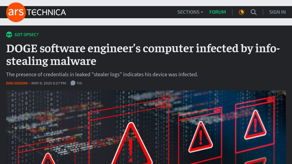 Screenshot of arstechnica.com: Doge software engineer's computer infected by info-stealing malware