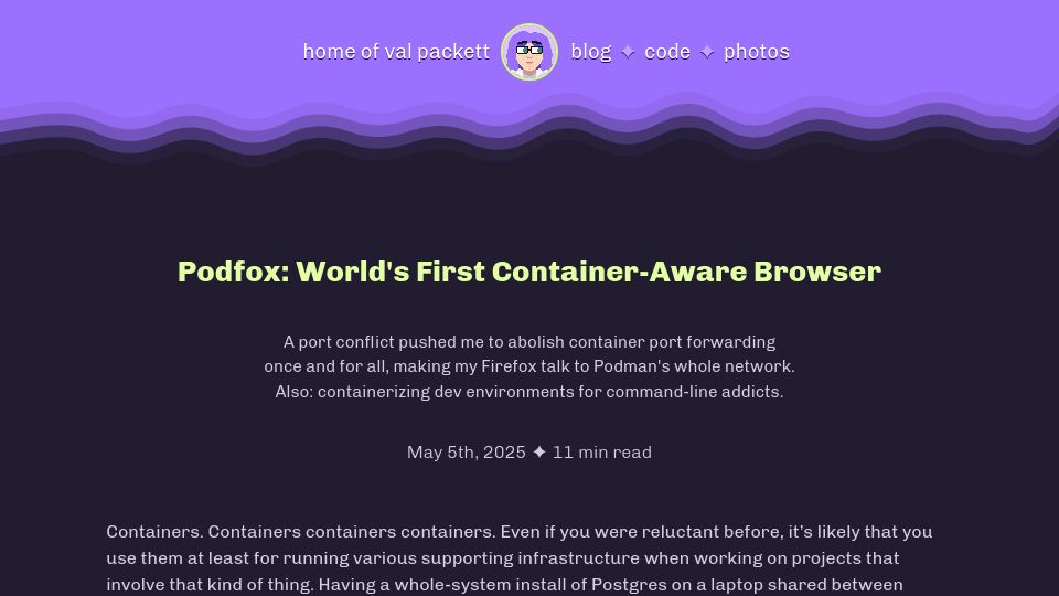 Screenshot of val.packett.cool: Podfox: First Container-Aware Browser