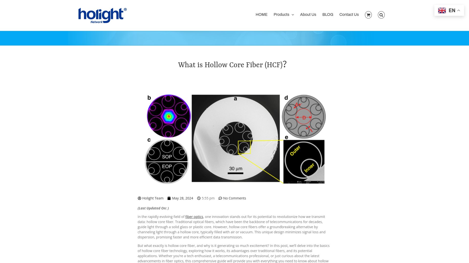 Screenshot of holightoptic.com: Hollow Core Fiber (HCF)