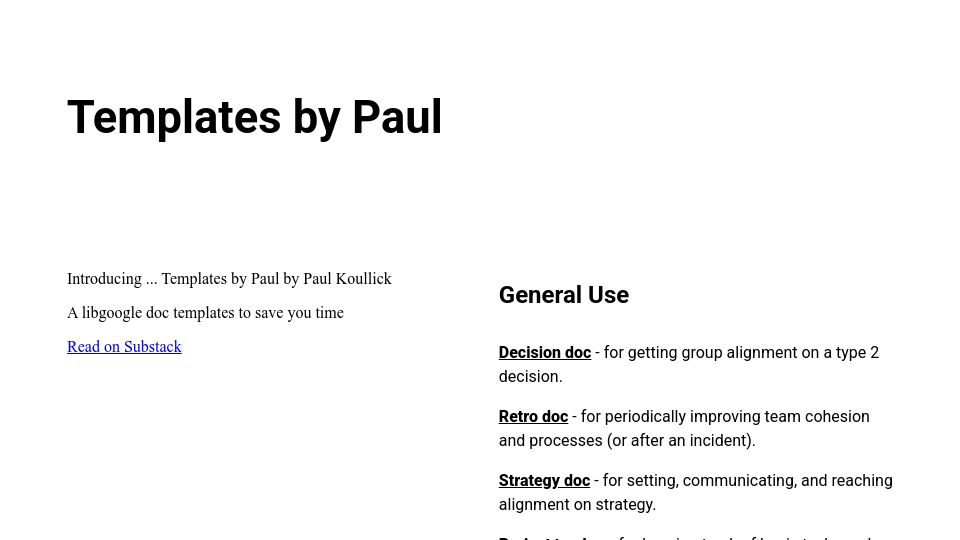 Screenshot of templatesbypaul.com: Google Doc Templates for Startups