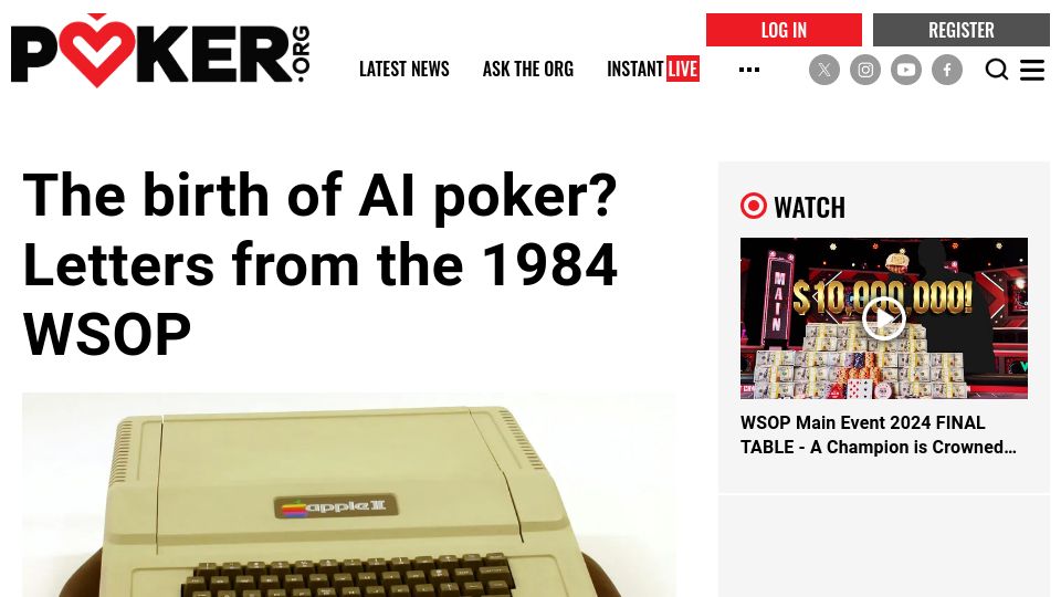Screenshot of poker.org: The birth of AI poker? Letters from the 1984 WSOP