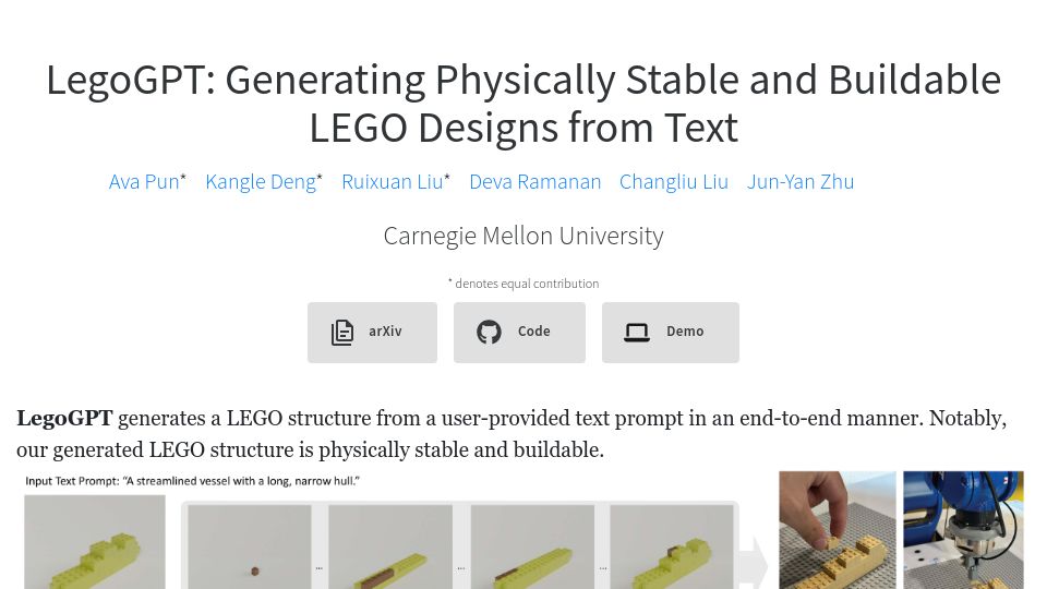 Screenshot of avalovelace1.github.io: LegoGPT: Generating Physically Stable and Buildable Lego