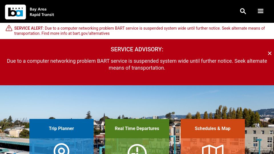 Screenshot of kqed.org: All BART trains were stopped due to ‘computer networking problem’