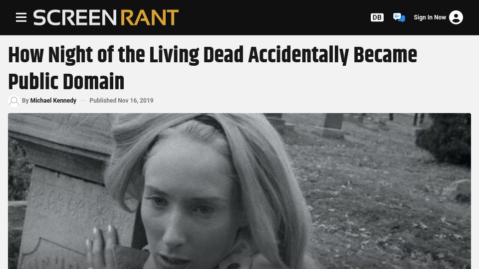 Screenshot of screenrant.com: "Night of the Living Dead" accidentally became public domain (2019)