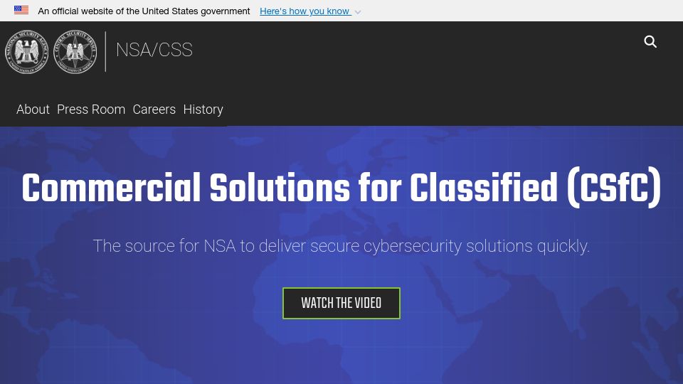 Screenshot of nsa.gov: Commercial Solutions for Classified CSfC for NSA to deliver secure cybersecurity