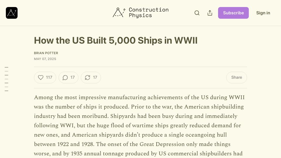 Screenshot of construction-physics.com: How the US built 5k ships in WWII