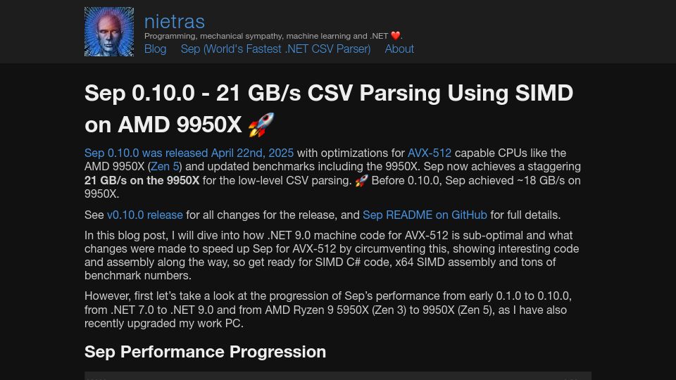 Screenshot of nietras.com: 21 GB/s CSV Parsing Using SIMD on AMD 9950X