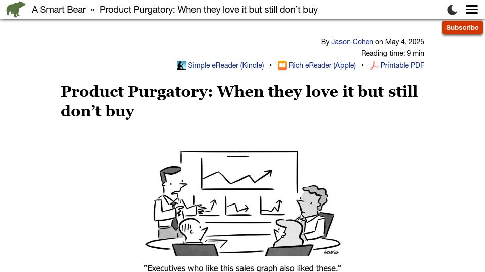Screenshot of longform.asmartbear.com: Product Purgatory: When they love it but still don't buy