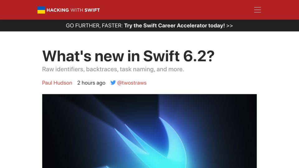 Screenshot of hackingwithswift.com: What’s new in Swift 6.2