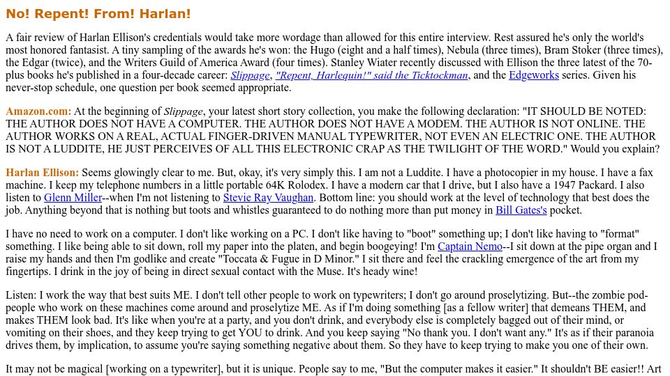 Screenshot of harlanellison.com: No! Repent! From! Harlan! (1998)