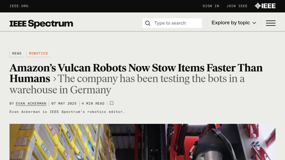 Screenshot of spectrum.ieee.org: Amazon's Vulcan Robots Now Stow Items Faster Than Humans