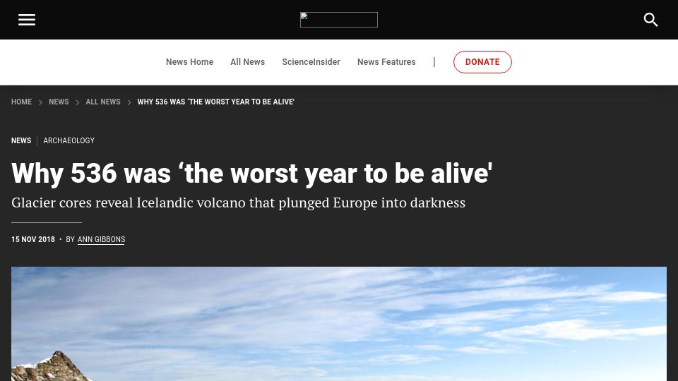 Screenshot of science.org: Why 536 was 'the worst year to be alive' (2018)