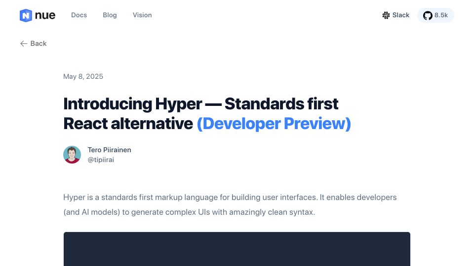 Screenshot of nuejs.org: Show HN: Hyper – Standards first React alternative
