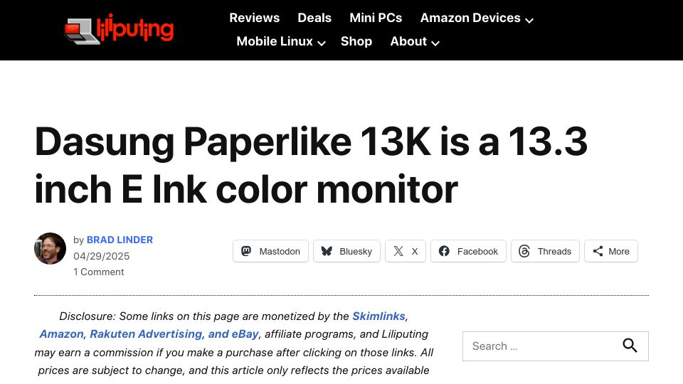 Screenshot of liliputing.com: Dasung Paperlike 13K is a 13.3 inch E Ink color monitor