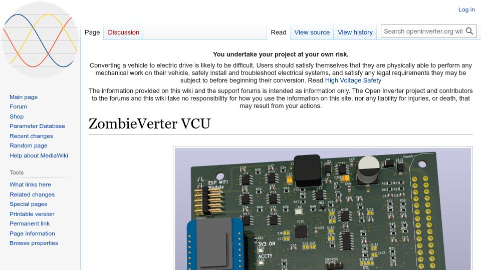 Screenshot of openinverter.org: Zombieverter: Open source VCU for reusing salvage EV components