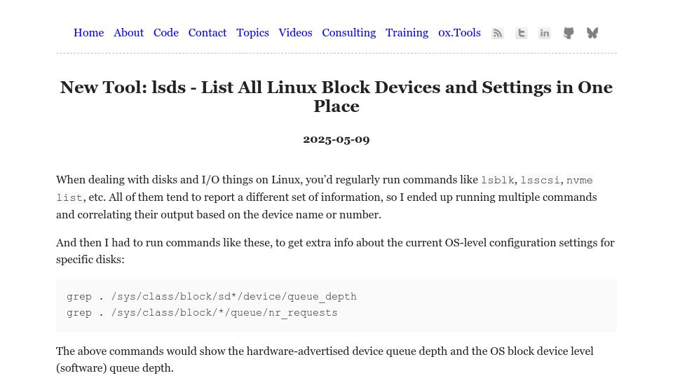 Screenshot of tanelpoder.com: New Tool: lsds – List All Linux Block Devices and Settings in One Place
