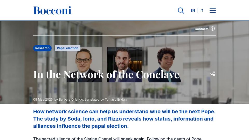 Screenshot of unibocconi.it: In the Network of the Conclav: How we "guessed" the Pope using network science