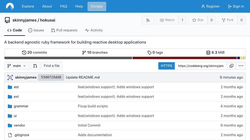 Screenshot of codeberg.org: Show HN: A backend agnostic Ruby framework for building reactive desktop apps