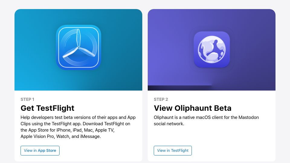 Screenshot of testflight.apple.com: Show HN: Oliphaunt – A native Mastodon client for macOS