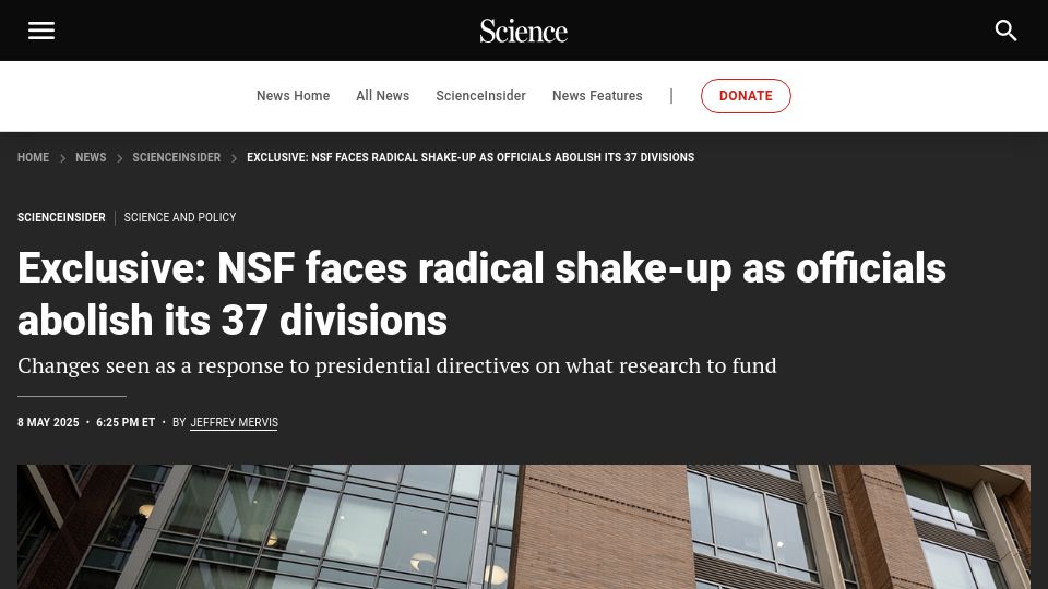 Screenshot of science.org: NSF faces shake-up as officials abolish its 37 divisions