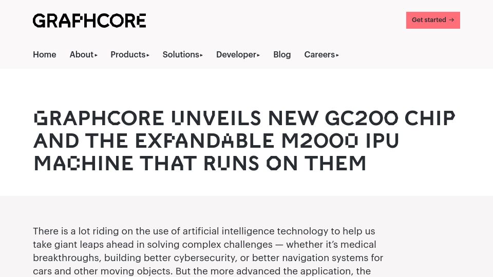 Screenshot of graphcore.ai: Graphcore unveils GC200 and M2000 IPU Machine–1 petaFLOP "pizza box" AI server