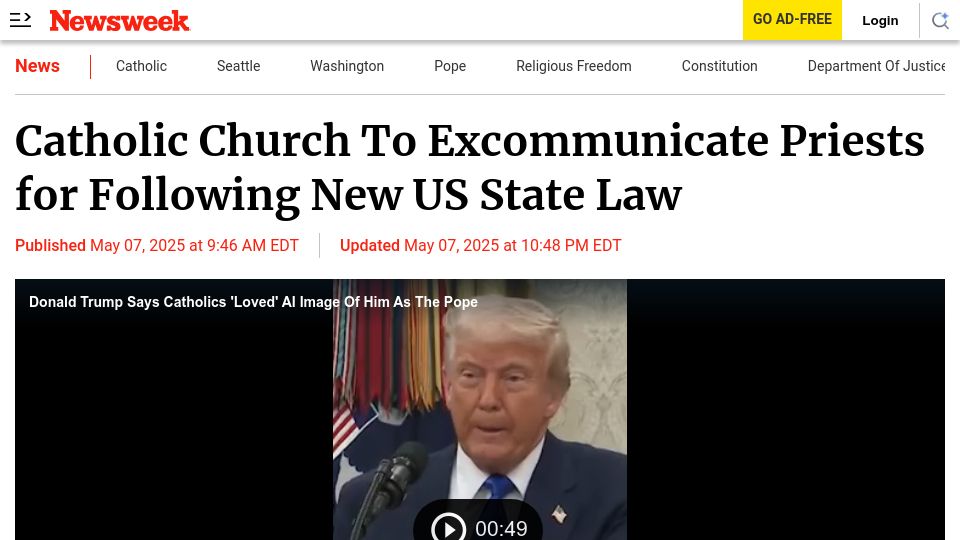 Screenshot of newsweek.com: Catholic Church to Excommunicate Priests for Following New US State Law