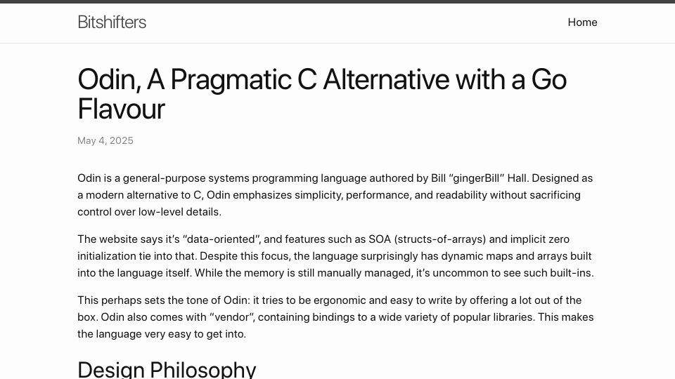 Screenshot of bitshifters.cc: Odin, a Pragmatic C Alternative with a Go Flavour