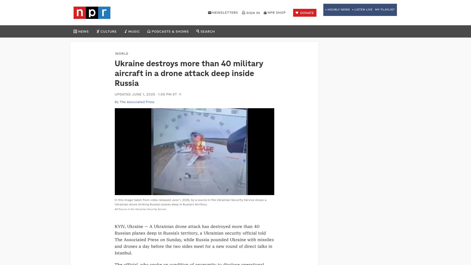 Screenshot of npr.org: Ukraine destroys more than 40 military aircraft in drone attack deep in Russia
