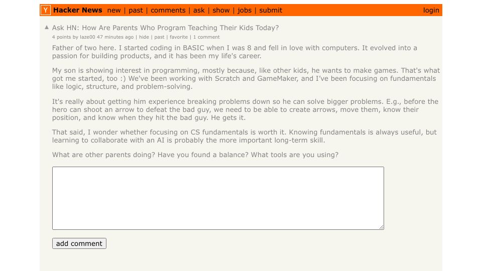 Screenshot of Hacker News post: Ask HN: How are parents who program teaching their kids today?