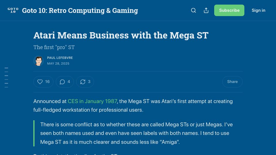 Screenshot of goto10retro.com: Atari Means Business with the Mega ST